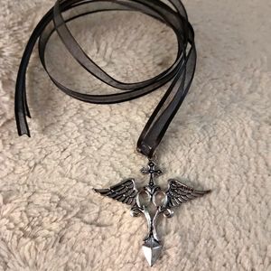 Handmade Ribbon Necklace with Vintage Gothic Angel Cross Pendant